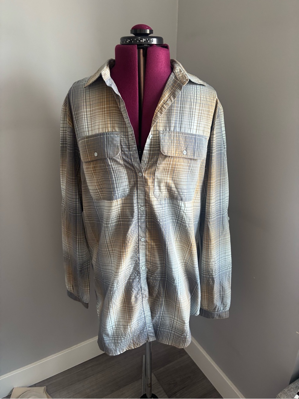 Plaid Button-Down Shirt dress in Gray and Tan